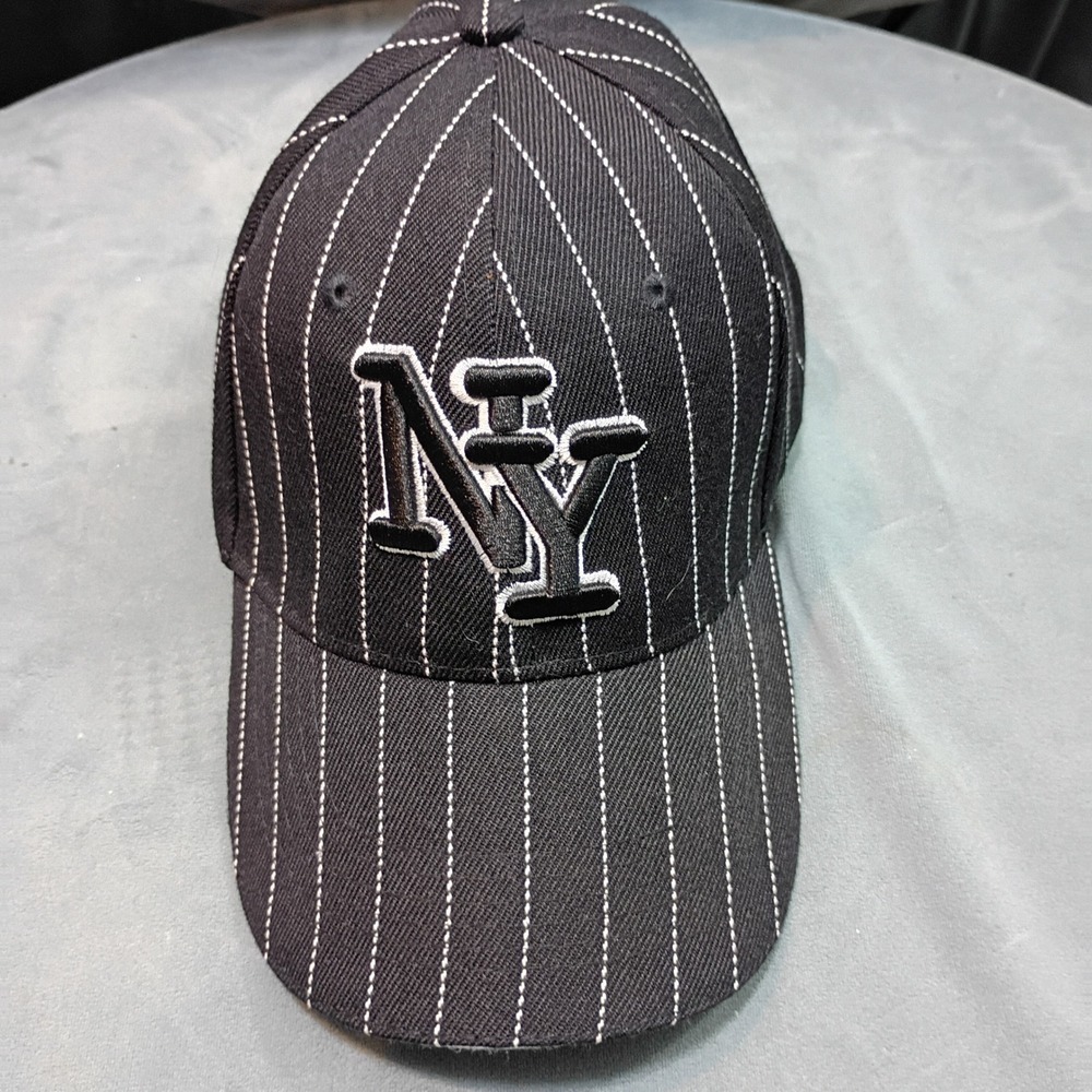 NY Pinstripe Baseball Cap Black White Wool Blend Adjustable Hat